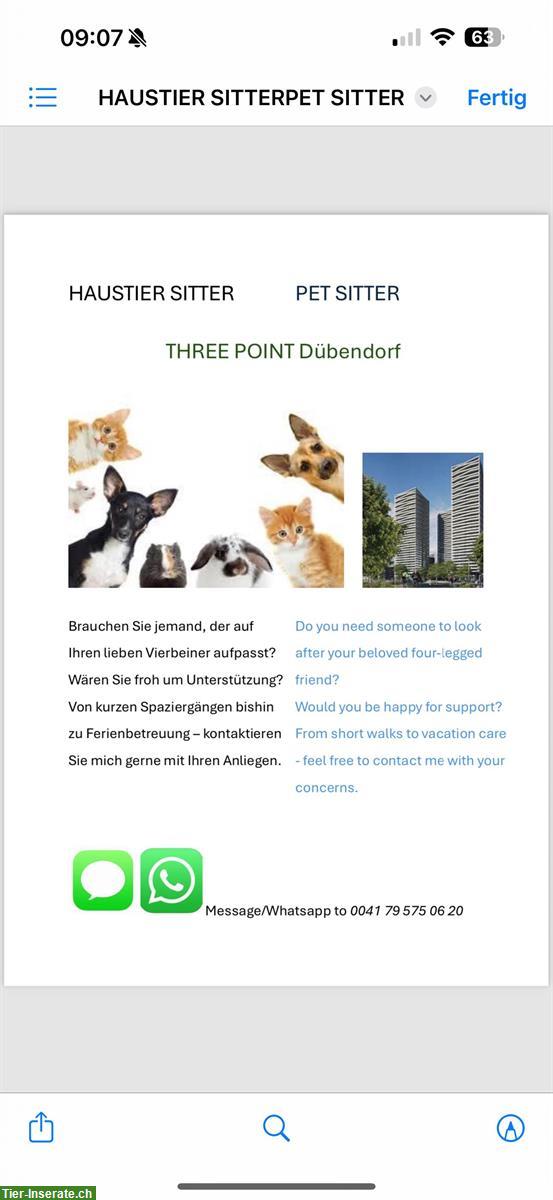 Haustier Sitter - Petsitter - THREE POINT Dübendorf ZH